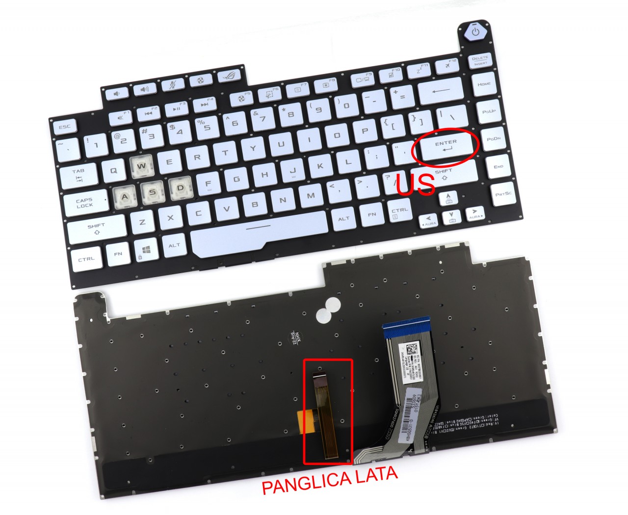 Tastatura Albastra cu Panglica Iluminare Lata Asus ROG STRIX G531 iluminata layout US fara rama enter mic