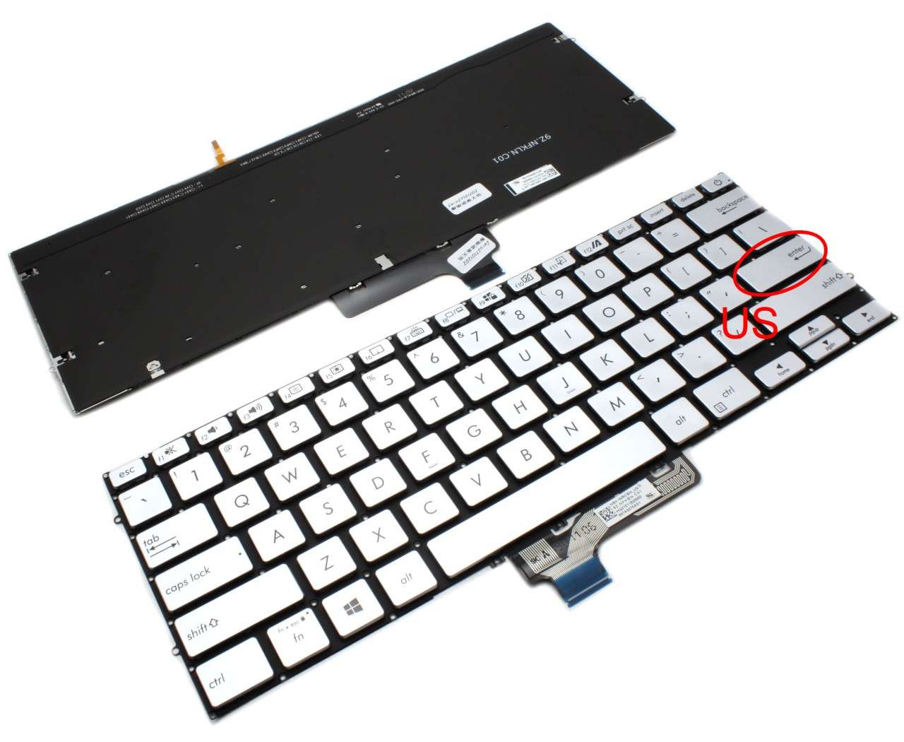 Tastatura Argintie Asus VivoBook S14 S431F iluminata layout US fara rama enter mic