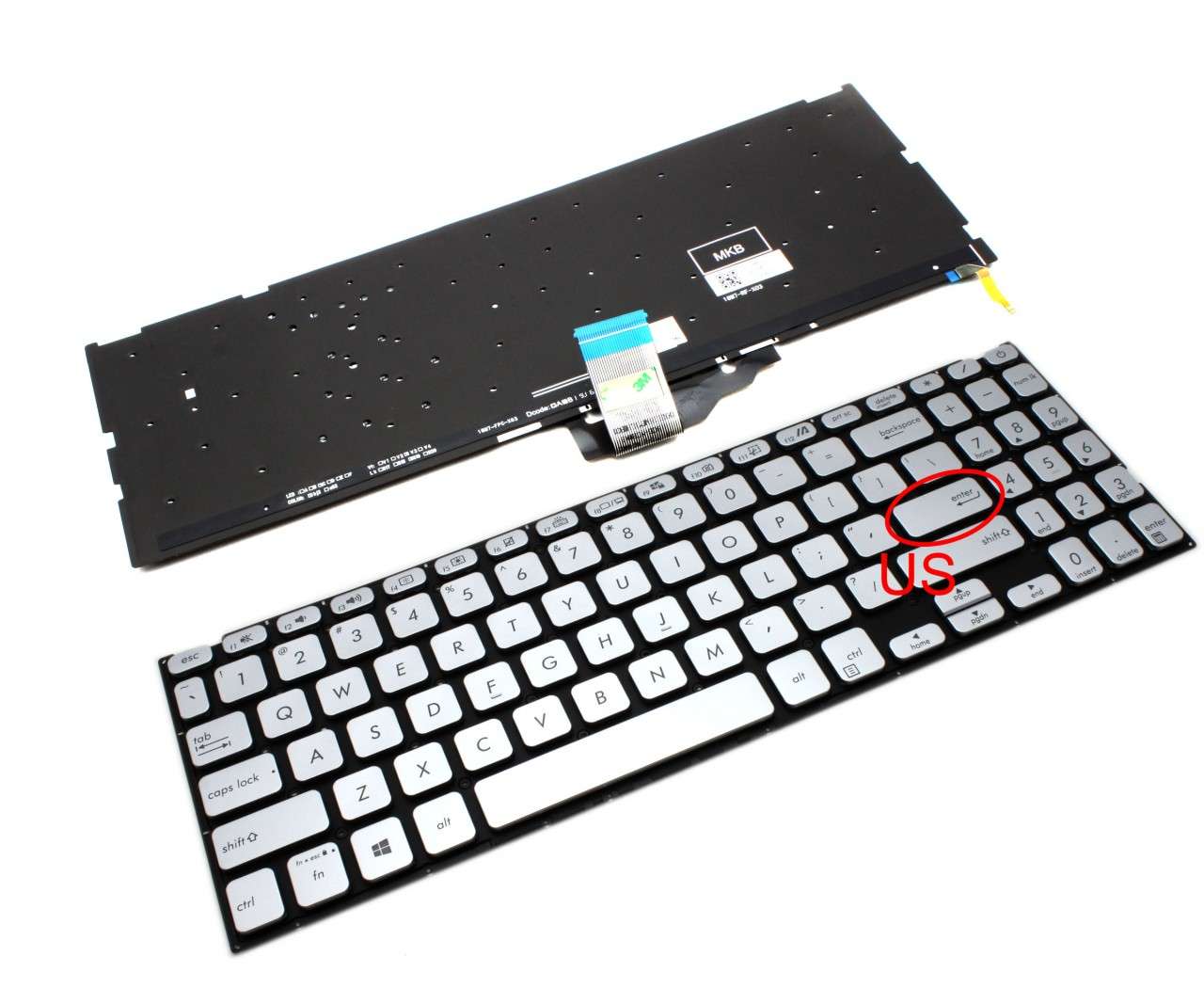 Tastatura Argintie Asus M509F iluminata layout US fara rama enter mic