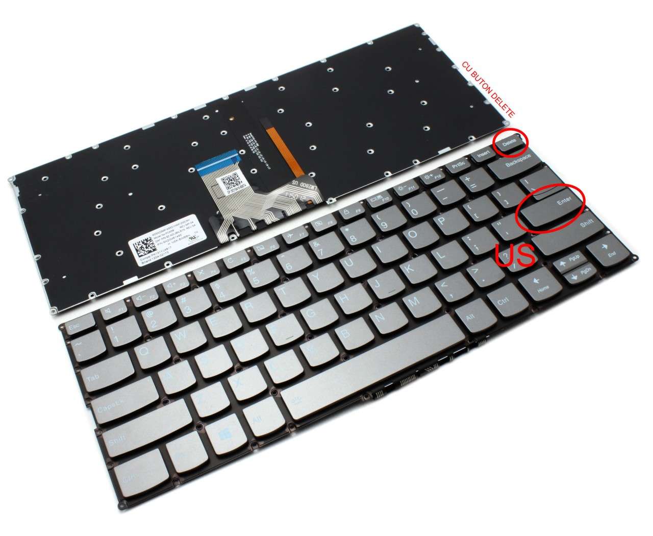 Tastatura Gri cu buton delete Lenovo IdeaPad 720S-14IKBR iluminata layout US fara rama enter mic