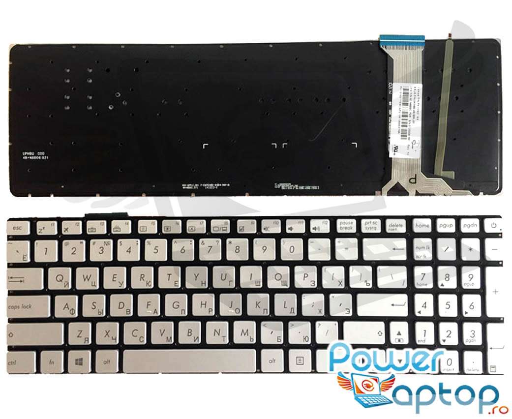 Tastatura gri Asus N551JX iluminata layout US fara rama enter mic