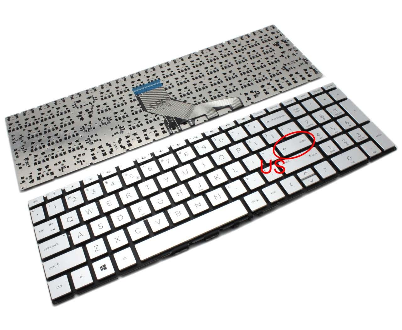 Tastatura Argintie HP PK1328B1B00 layout US fara rama enter mic