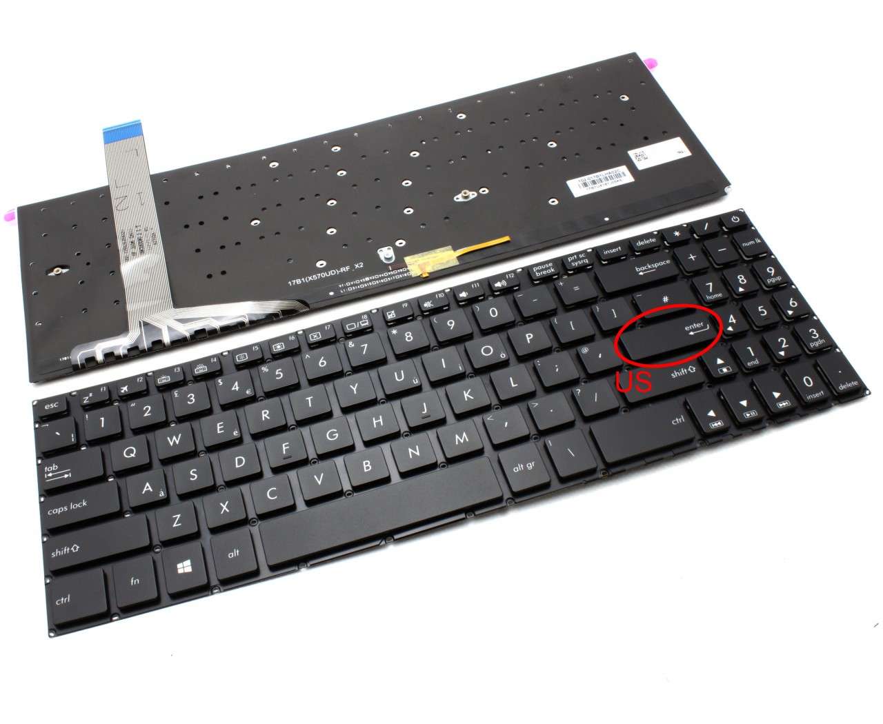 Tastatura Asus X570DD iluminata layout US fara rama enter mic