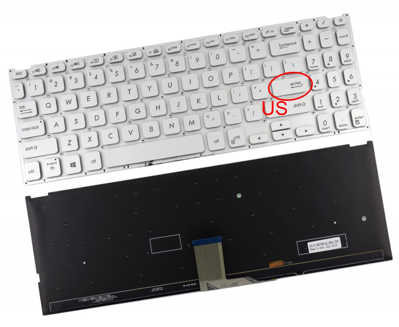 Tastatura Argintie Asus VivoBook 512UB iluminata layout US fara rama enter mic