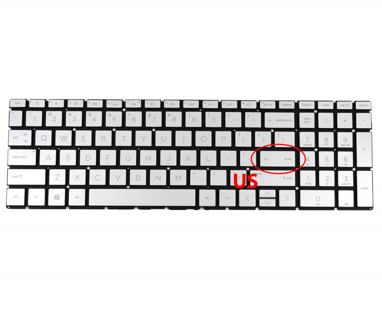 Tastatura Argintie HP PK1328B3A10 iluminata layout US fara rama enter mic