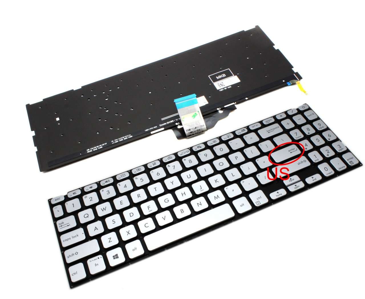 Tastatura Argintie Asus M509 iluminata layout US fara rama enter mic