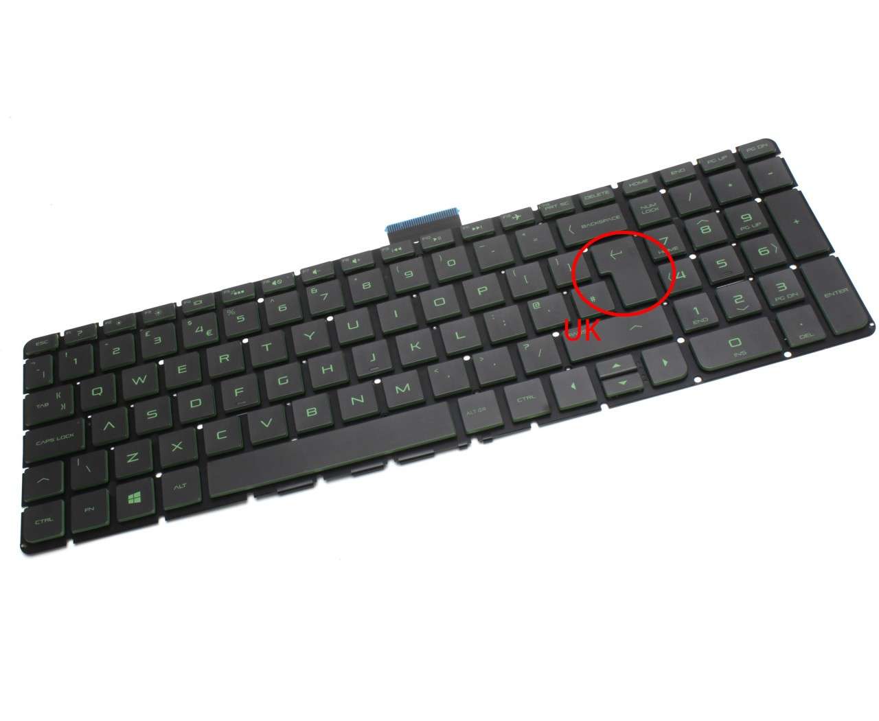 Tastatura verde HP Pavilion 15 AK iluminata layout UK fara rama enter mare