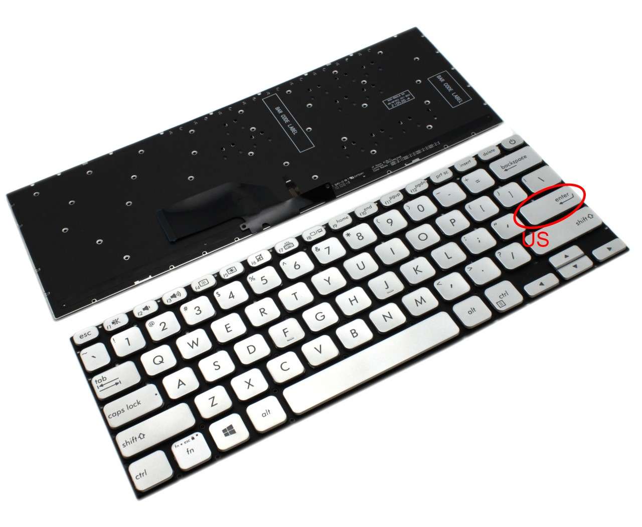 Tastatura Argintie Asus S13 S330UN iluminata layout US fara rama enter mic