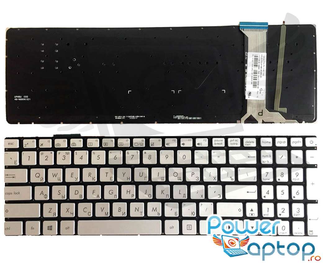 Tastatura gri Asus N551JK iluminata layout US fara rama enter mic
