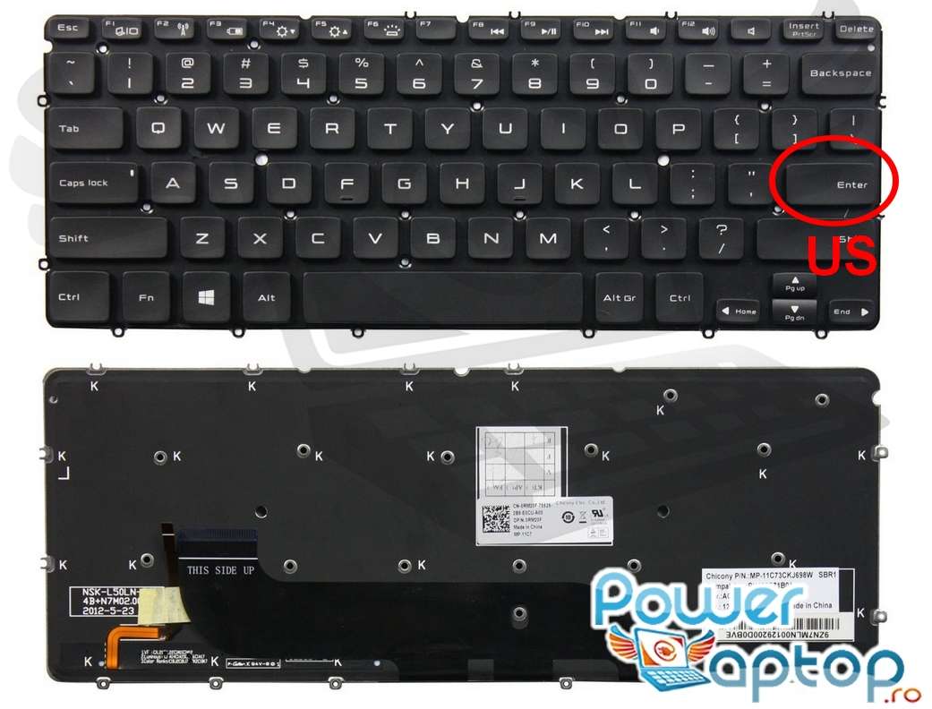 Tastatura Dell XPS 13 3508 layout US fara rama enter mic iluminata backlit