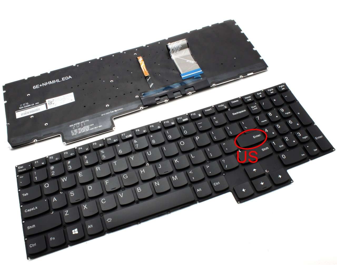 Tastatura Neagra cu Iluminare Alba Lenovo PK131ZT1A00 layout US fara rama enter mic