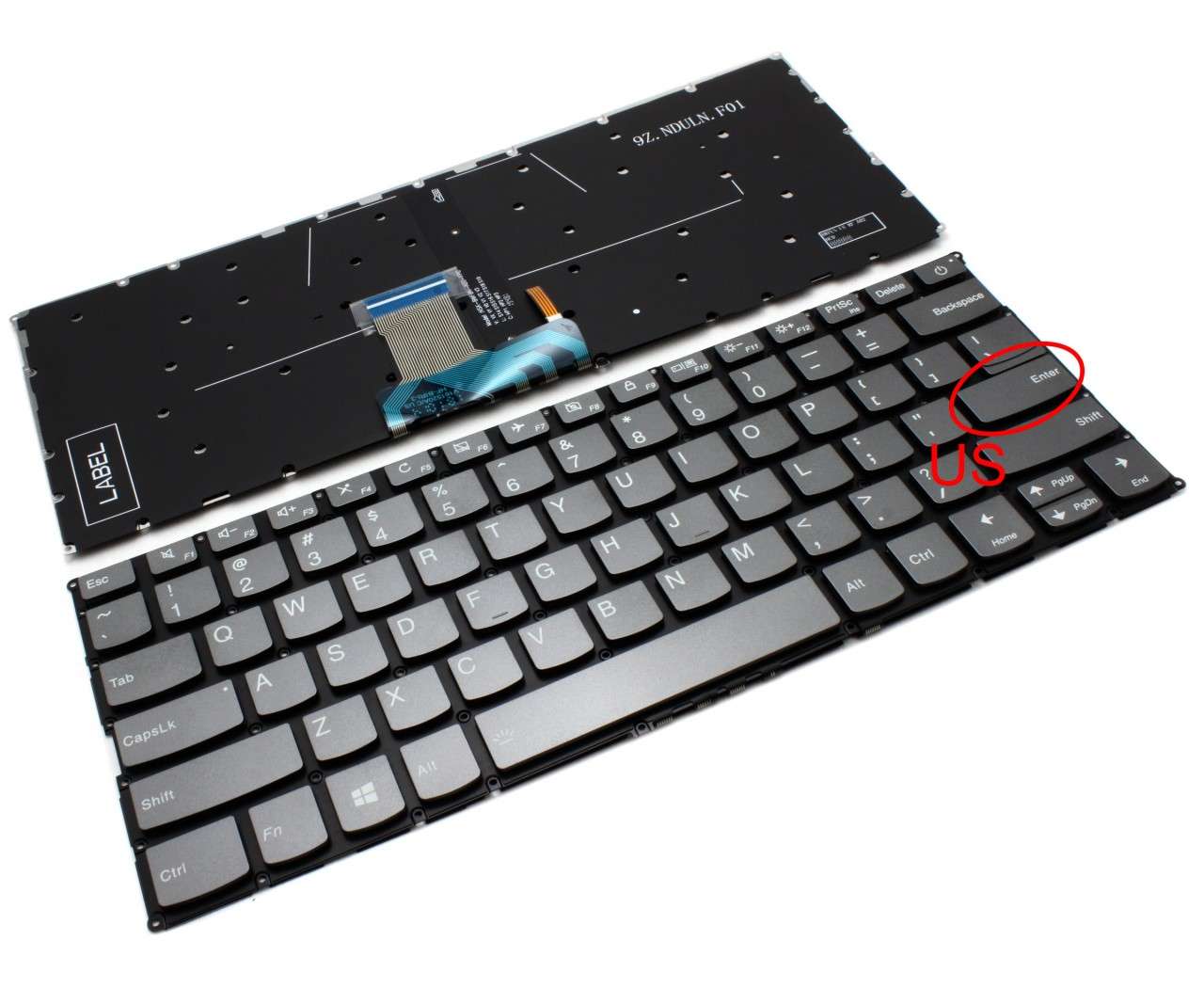 Tastatura Gri cu buton power Lenovo IdeaPad 720S-14IKBR iluminata layout US fara rama enter mic